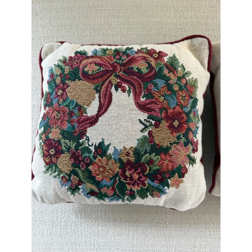 2 Floral Wreath Tapestry Throw Pillows Country 12x12 Decorative Bow Flower Decor